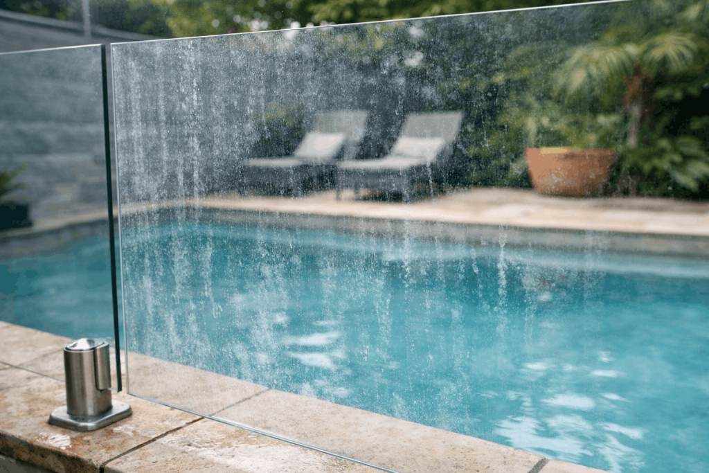 Cloudy glass pool fence with stains