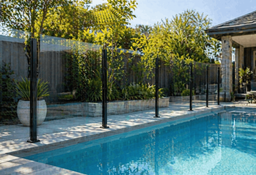 Modern backyard swimming pool with frameless glass fencing in bright Australian outdoor conditions