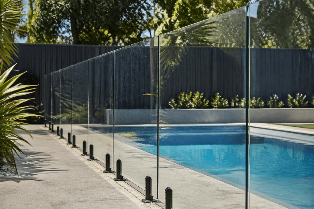 Modern glass pool fencing around a backyard swimming pool with clear panels and natural water spots