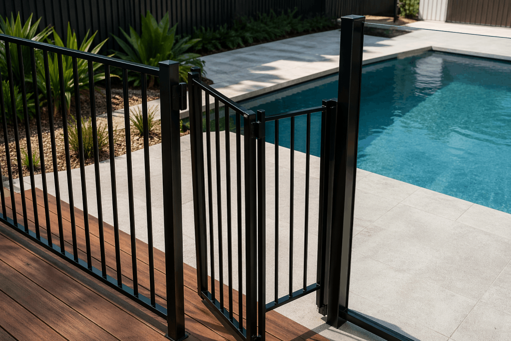 Modern pool fence with secure gate around backyard swimming pool highlighting safety and compliance standards