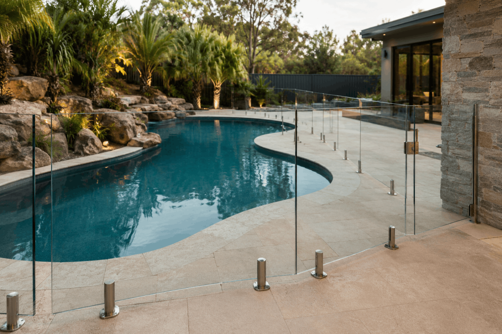 Glass fencing around irregular shaped pool