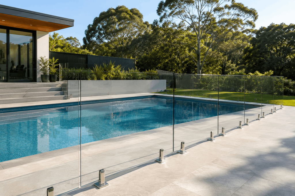 Modern backyard swimming pool with frameless glass pool fencing in Sydney home